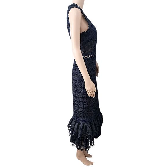 Jonathan Simkhai Sheer Lace Dress Sz 2 Midi NEW Lattice Embroidered Trumpet - Picture 4 of 16